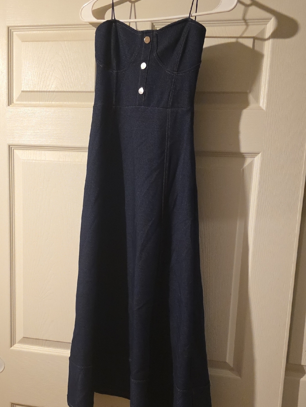 ZARA Strapless Navy Faux Denim Midi Dress with Belt - MISSING BELT - Picture 7 of 7